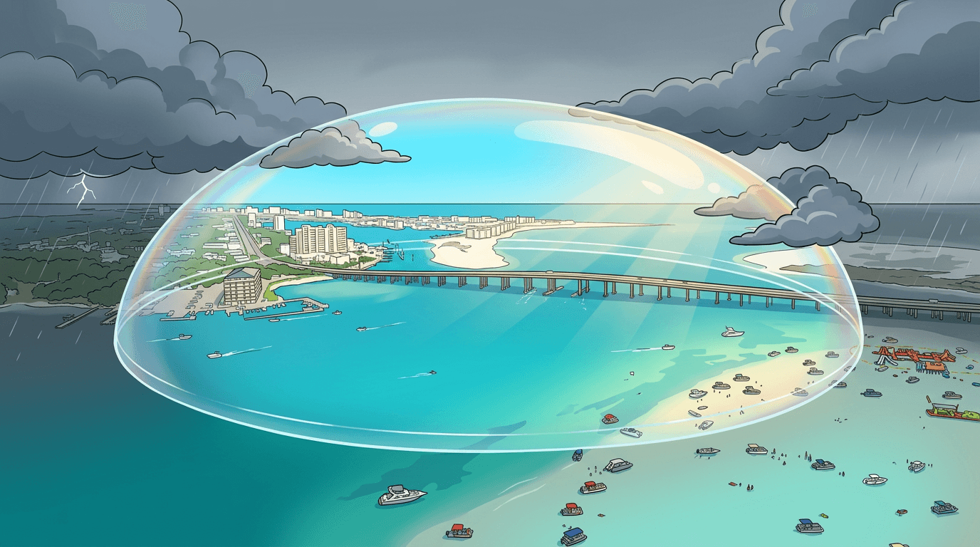 Illustration of a translucent dome over Destin, with the Marler Bridge and Crab Island sandbar visible inside under blue sky, while storm clouds and rain press against the outside of the dome.